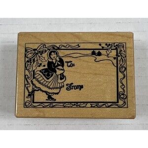 PSX F-392 Christmas Rubber Stamp GIRL ICE SKATING VINTAGE TO/FROM TAG LABEL